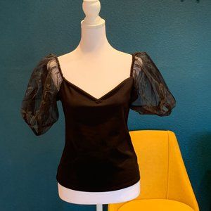 NWT Express Size Small Black Mesh Puff Sleeves Blouse